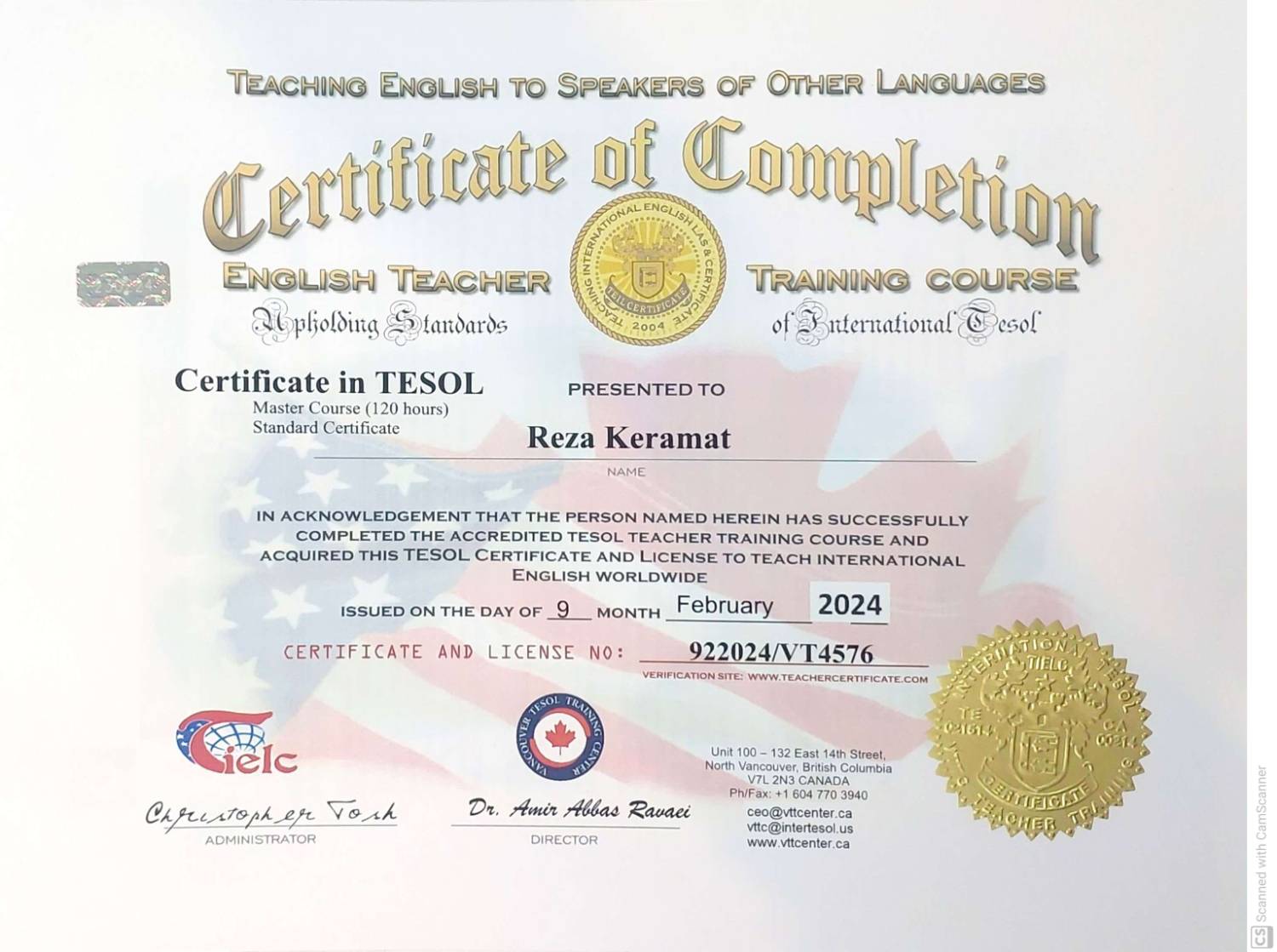 گواهی TESOL رضا کرامت برای تدریس زبان انگلیسی